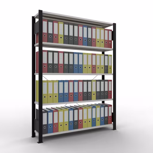 Basisstelling, kantoorstelling, insteeksysteem MULTIplus85, 1800 x 1300 x 300 mm, 5 planken, dwarsschoor, zonder aanslaglijst, zwart/lichtgrijs van Schulte Lagertechnik uit het assortiment kantoorrekken
