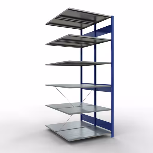 Aanbouwrekken, dubbele rekken, stellingsysteem MULTIplus150, 2500 x 1000 x (2x600) mm (HxBxD), 2x6 legborden, kruisschoor, RAL 5010 gentiaanblauw, dubbele legborden, art.nr. 32766-B
