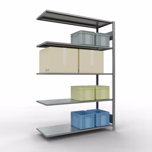 Aanbouwrekken, rekken, insteeksysteem MULTIplus150, 2000 x 1300 x 500 mm (HxBxD), 5 legborden, lengtestangen, verzinkt met artikelnr. 12755-130-LR Aanbouwrekken, rekken, insteeksysteem MULTIplus150, 2000 x 1300 x 500 mm, 5 legborden, lengtestangen, verzinkt van Schulte Lagertechnik uit de categorie insteeksystemen