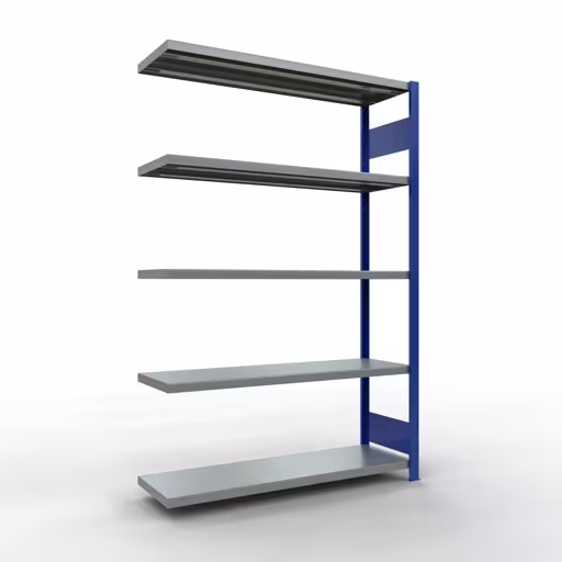 Aanbouwrekken, legbordstellingen, insteeksysteem MULTIplus250, 2000 x 1300 x 400 mm (HxBxD), 5 legborden, lengtebalk, RAL 5010 gentiaanblauw/verzinkt, aanbouwplank, art.nr. 12945-130-LR-B