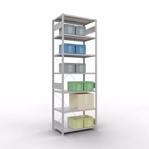 Basisplank, legbord, insteeksysteem MULTIplus250, 3000 x 1000 x 600 mm (HxBxD), 7 legborden, kruisschoor, RAL 7035 lichtgrijs met artikelnr. 32862 Basisplank, legplank, insteeksysteem MULTIplus250, 3000 x 1000 x 600 mm, 7 planken, kruisschoor, RAL 7035 lichtgrijs van Schulte Lagertechnik uit de categorie insteeksysteem