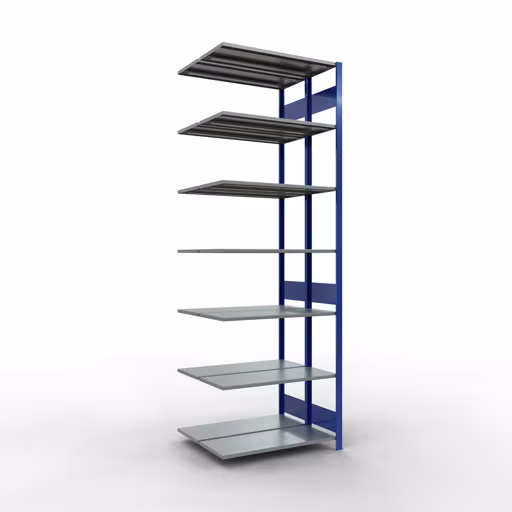 Aanbouwrekken, dubbele rekken, stellingsysteem MULTIplus150, 3000 x 1000 x (2x400) mm (HxBxD), 2x7 planken, lengtestangen, RAL 5010 gentiaanblauw, dubbele planken, art.nr. 33147-B