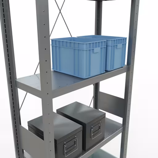 Extra afbeelding van het artikel Basisplank, legbord, insteeksysteem MULTIplus250, 3000 x 750 x 300 mm (HxBxD), 7 legborden, kruisschoor, verzinkt Extra afbeelding van het artikel Basisplank, legplank, insteeksysteem MULTIplus250, 3000 x 750 x 300 mm, 7 legborden, dwarsschoor, verzinkt vanaf basisplank