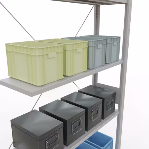 Productafbeelding nr. 13 van het artikel Aanbouwrekken, legbordstellingen, insteeksysteem MULTIplus150, 3000 x 1000 x 300 mm (HxBxD), 7 legborden, kruisschoor, RAL 7035 lichtgrijs Figuur nr. 13 van het artikel aanbouwrekken, legbordstellingen, insteeksysteem MULTIplus150, 3000 x 1000 x 300 mm, 7 legborden, kruisschoor, RAL 7035 lichtgrijs uit de insteeksysteem productgroep van Schulte Lagertechnik.