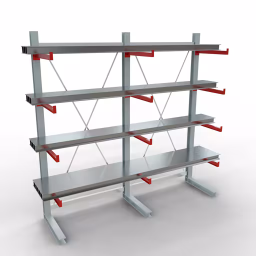 Productafbeelding nr. 9 van artikel K 6000 compleet legbord, eenzijdig, 3000 x 3000 x 750 mm, RAL 7001 / RAL 3000, 5 opslagniveaus Figuur nr. 9 van het artikel K 6000 complete stelling, eenzijdig, 3000 x 3000 x 750 mm, RAL 7001 / RAL 3000, 5 opslagniveaus uit de productgroep draagarmstellingen van Schulte Lagertechnik
