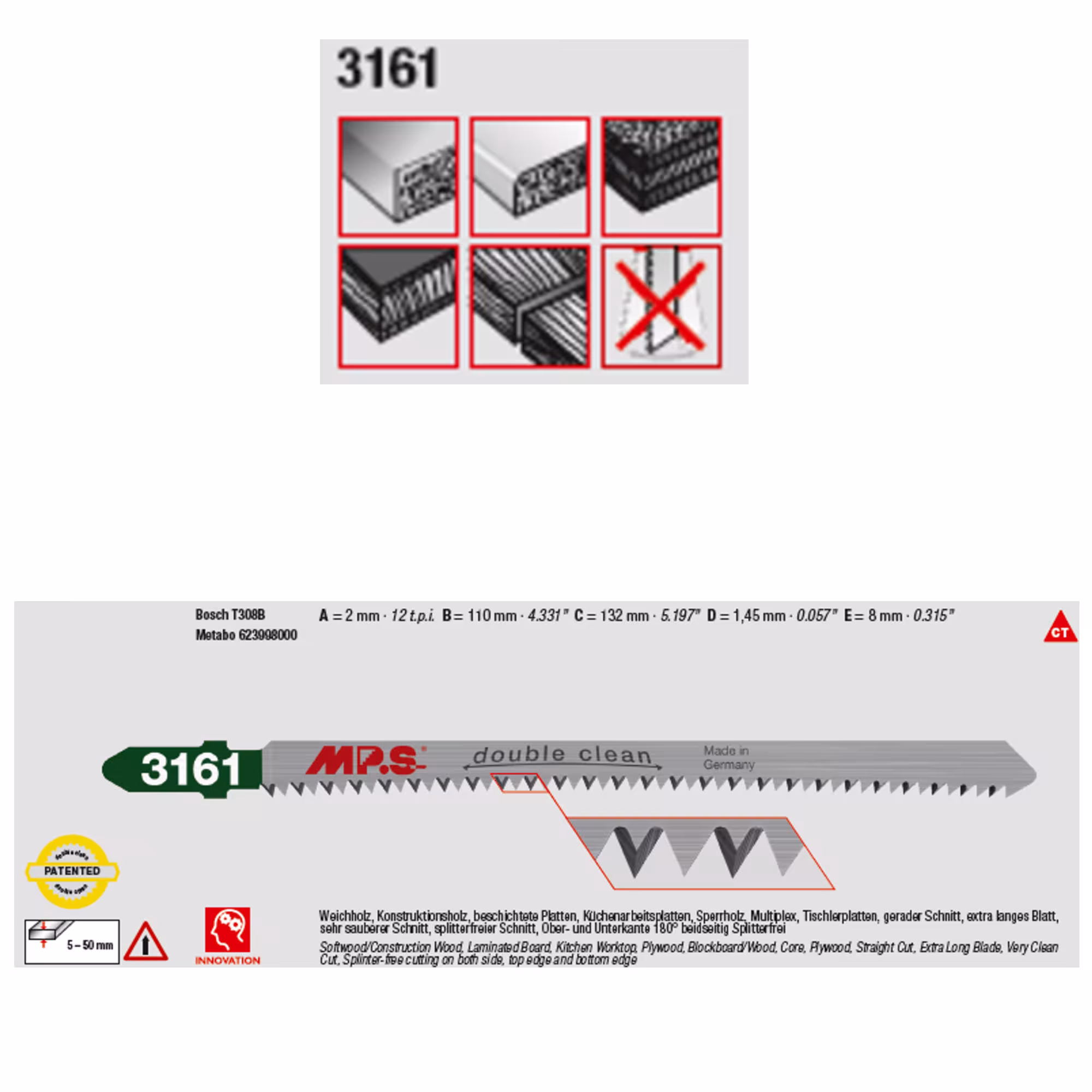 CV-decoupeerzaagblad geslepen, radiaal vertand totale lengte 132/vertande lengte 110 mm, tandsteek 2,0 mm met de GTIN 4028655503161 CV-decoupeerzaagblad geslepen, radiaal vertand totale lengte 132/vertande lengte 110 mm, tandsteek 2,0 mm van MPS met art.nr. 3161-5