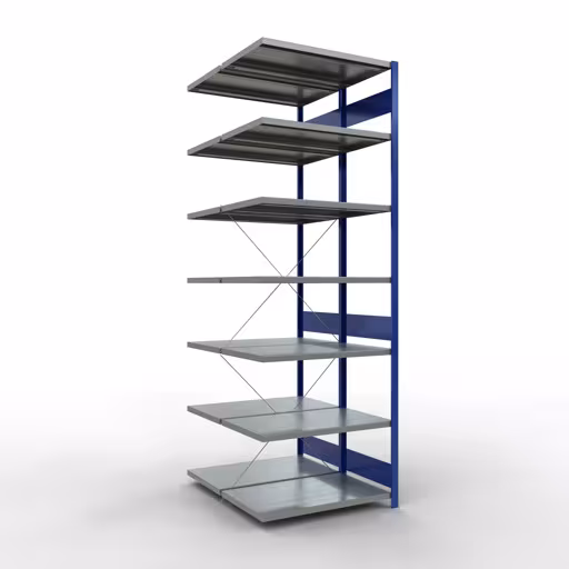 Aanbouwrekken, dubbele rekken, rekkensysteem MULTIplus250, 3000 x 1000 x (2x600) mm, 2x7 planken, kruisschoor, RAL 7035 lichtgrijs/gentiaanblauw van Schulte Lagertechnik uit het rekkenprogramma
