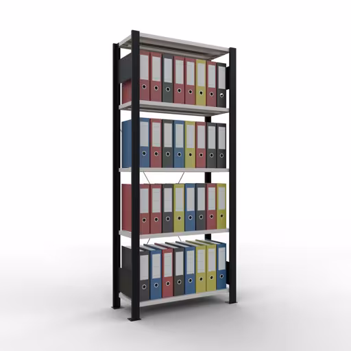 Basisplank, kantoorrek, insteeksysteem MULTIplus85, 1800 x 750 x 300 mm, 5 planken, kruisschoor, zonder aanslaglijst, zwart/lichtgrijs uit de categorie insteeksysteem met de GTIN 4004514249708 Basisstelling, kantoorstelling, insteeksysteem MULTIplus85, 1800 x 750 x 300 mm, 5 legborden, dwarsschoor, zonder aanslaglijst, zwart/lichtgrijs van Schulte Lagertechnik uit het assortiment kantoorstellingen