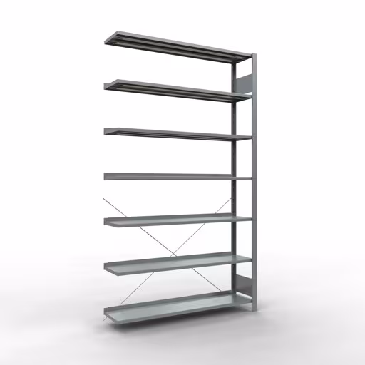 Figuur nr. 13 van het artikel, kantoorreksysteem MULTIplus85, 2300 x 1300 x 300 mm, 7 planken, verzinkt, met aanslagbeugel uit de productgroep kantoorrekken van Schulte Lagertechnik.