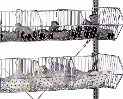 Aanbouwplank, draadmandenplank MULTIplus150, 2300 x 1000 x 500 mm (HxBxD), gegalvaniseerd, 2 planken, 5 stuks draadmanden van Schulte Lagertechnik Aanbouwplank, draadmandplank MULTIplus150, 2300 x 1000 x 500 mm (HxBxD), verzinkt, 2 legborden, 5 stuks draadmanden, opbergruimte voor kleine onderdelen, art.nr. 13675