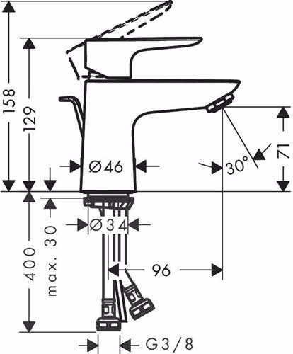 Technische Zeichnung 4068947 Hansgrohe TALIS E 80 monoknop wastafelmengkraan met waste 15 mm diameter en G 1 1/4" Baduitloop chroom