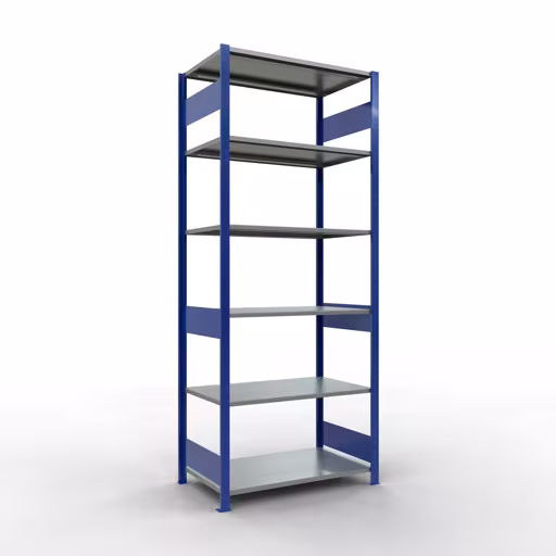 Basisplank, legplank, insteeksysteem MULTIplus150, 2500 x 1000 x 600 mm (HxBxD), 6 legborden, lengtestangen, RAL 5010 gentiaanblauw/verzinkt, basisplank, art.nr. 12761-LR-B