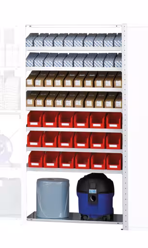 Aanbouwplank, plankmodule M5, 2000 x 1000 x 500 mm, RAL 7035 lichtgrijs/gegalvaniseerd, 7 schuine MULTIplus150 legborden, 2 rechte MULTIplus150 legborden van Schulte Lagertechnik uit het plug-in systeem assortiment