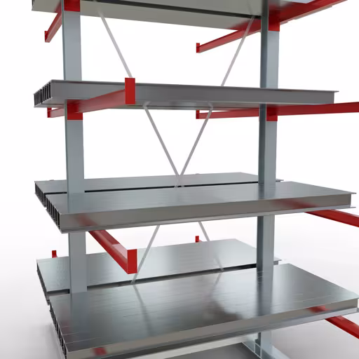 Productafbeelding nr. 12 van artikel K 6000 compleet legbord, dubbelzijdig, 3000 x 1500 x 2x 1250 mm, RAL 7001 / RAL 3000, 5 opslagniveaus Figuur nr. 12 van het artikel K 6000 complete stelling, dubbelzijdig, 3000 x 1500 x 2x 1250 mm, RAL 7001 / RAL 3000, 5 opslagniveaus uit de productgroep draagarmstellingen van Schulte Lagertechnik.