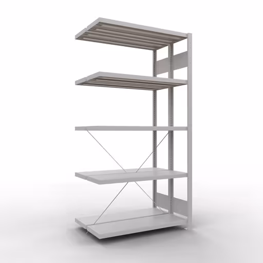 Andere weergave van het artikel Aanbouwplank, dubbele plank, rekkensysteem MULTIplus250, 2000 x 1000 x (2x300) mm, 2x5 planken, kruisschoor, RAL 7035 lichtgrijs uit de categorie rekken