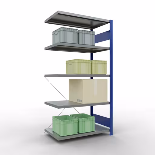 Aanbouwrekken, rekken, insteeksysteem MULTIplus330, 2000 x 1000 x 600 mm (HxBxD), 5 legborden, kruisschoor, RAL 5010 gentiaanblauw/verzinkt van Schulte Lagertechnik met artikelnr. 13965-B