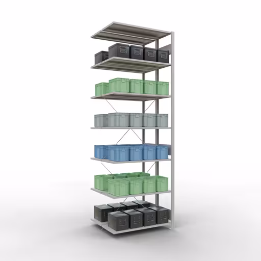 Aanbouwrekken, dubbele rekken, rekkensysteem MULTIplus150, 3000 x 1000 x (2x800) mm (HxBxD), 2x7 planken, kruisschoor, RAL 7035 lichtgrijs uit de categorie dubbele rekken met de GTIN 4058255035236 Aanbouwrekken, dubbele rekken, rekkensysteem MULTIplus150, 3000 x 1000 x (2x800) mm, 2x7 planken, kruisschoor, RAL 7035 lichtgrijs van Schulte Lagertechnik uit het rekkenprogramma