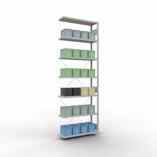 Productafbeelding nr. 15 van het artikel Aanbouwrekken, legbordstellingen, insteeksysteem MULTIplus330, 3000 x 1000 x 300 mm, 7 legborden, kruisschoor, RAL 7035 lichtgrijs Figuur nr. 15 van het artikel aanbouwrekken, legbordstellingen, insteeksysteem MULTIplus330, 3000 x 1000 x 300 mm, 7 legborden, kruisschoor, RAL 7035 lichtgrijs uit de insteeksysteem productgroep van Schulte Lagertechnik.