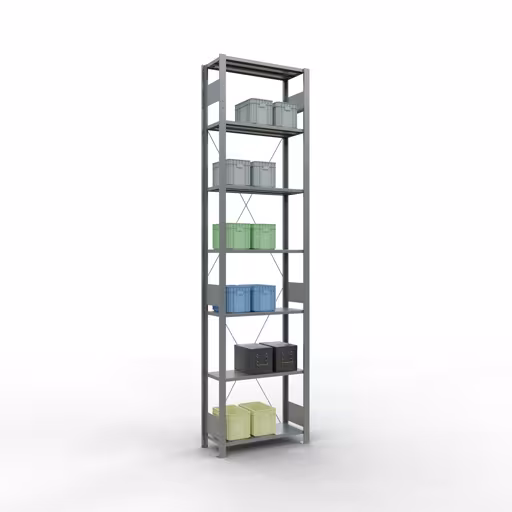 Basisplank, legbord, insteeksysteem MULTIplus150, 3000 x 750 x 300 mm (HxBxD), 7 legborden, kruisschoor, verzinkt met art.nr. 12732-75 Basisplank, legplank, insteeksysteem MULTIplus150, 3000 x 750 x 300 mm, 7 legborden, kruisschoor, verzinkt van Schulte Lagertechnik uit de categorie insteeksysteem