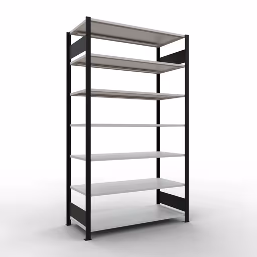 Basisplank, kantoorrek, insteeksysteem MULTIplus150, 2300 x 1300 x 600 mm (HxBxD), 7 planken, lengtestangen, zonder middenaanslag, zwart/lichtgrijs, insteeksysteem, art.nr. 36068-S