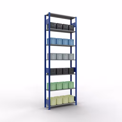 Basisplank, legplank, insteeksysteem MULTIplus150, 3000 x 1000 x 300 mm (HxBxD), 7 legborden, lengtestangen, RAL 5010 gentiaanblauw/verzinkt met de GTIN 4004514279651 Basisplank, legplank, insteeksysteem MULTIplus150, 3000 x 1000 x 300 mm, 7 legborden, lengtestangen, RAL 5010 gentiaanblauw/verzinkt van Schulte Lagertechnik met het artikelnr. 12732-LR-B