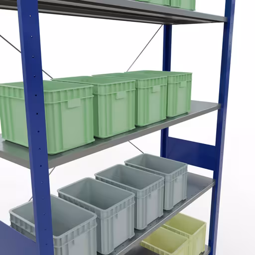 Extra afbeelding van het artikel Basisplank, legbord, insteeksysteem MULTIplus150, 3000 x 1300 x 400 mm (HxBxD), 7 legborden, kruisschoor, RAL 5010 gentiaanblauw/verzinkt Extra afbeelding van het artikel Basisplank, legplank, insteeksysteem MULTIplus150, 3000 x 1300 x 400 mm, 7 legborden, RAL 5010 gentiaanblauw/verzinkt vanaf basisplank