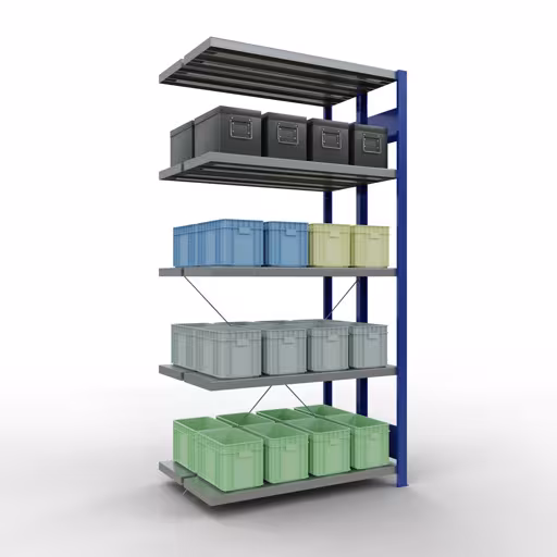 Figuur nr. 16 van het artikel aanbouwplank, dubbele plank, stellingsysteem MULTIplus250, 2000 x 1000 x (2x300) mm, 2x5 planken, kruisschoor, RAL 5010 gentiaanblauw uit de productgroep stellingrekken van Schulte Lagertechnik.