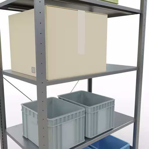 Productafbeelding nr. 14 van het artikel basisplank, legbord, insteeksysteem MULTIplus85, 2000 x 1000 x 600 mm (HxBxD), 5 legborden, kruisschoor, verzinkt Figuur nr. 14 van het artikel basisrek, legplank-insteeksysteem MULTIplus85, 2000 x 1000 x 600 mm, 5 legborden, verzinkt uit de productgroep insteeksysteem van het merk Schulte Lagertechnik.