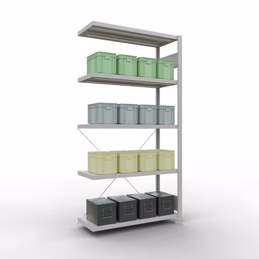 Aanbouwrekken, rekken, insteeksysteem MULTIplus250, 2000 x 1000 x 400 mm (HxBxD), 5 planken, kruisschoor, RAL 7035 lichtgrijs met artikelnr. 32845 Aanbouwrekken, rekken, insteeksysteem MULTIplus250, 2000 x 1000 x 400 mm, 5 planken, kruisschoor, RAL 7035 lichtgrijs van Schulte Lagertechnik uit de categorie insteeksystemen