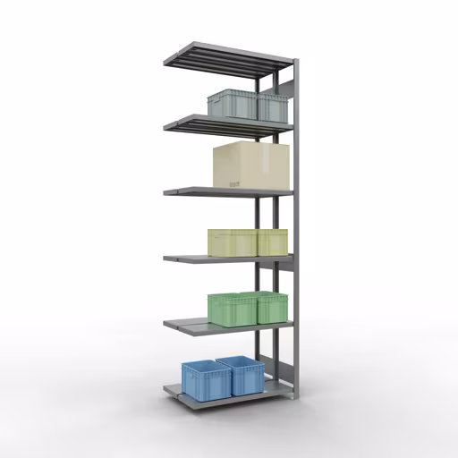 Aanbouwrekken, dubbele rekken, stellingsysteem MULTIplus250, 3000 x 1000 x (2x300) mm (HxBxD), 2x7 planken, lengtestangen, verzinkt met artikelnr. 17937 Aanbouwrekken, dubbele rekken, rekkensysteem MULTIplus250, 3000 x 1000 x (2x300) mm, 2x7 planken, lengtestangen, verzinkt van Schulte Lagertechnik uit de categorie rekken