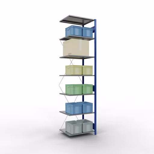 Aanbouwrekken, rekken, insteeksysteem MULTIplus150, 3000 x 750 x 600 mm (HxBxD), 7 legborden, kruisschoor, RAL 5010 gentiaanblauw/verzinkt/verzinkt met artikelnr. 12767-75-B Aanbouwrekken, rekken, insteeksysteem MULTIplus150, 3000 x 750 x 600 mm, 7 planken, RAL 5010 gentiaanblauw/verzinkt/verzinkt van Schulte Lagertechnik uit de categorie insteeksystemen