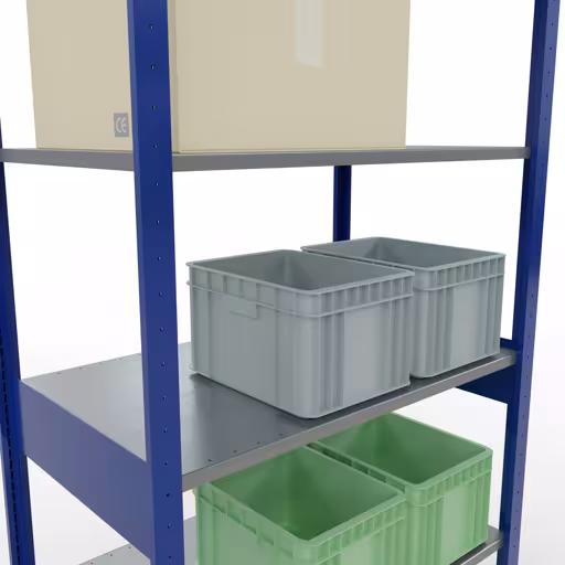 Productafbeelding nr. 14 van het artikel basisplank, legbord, insteeksysteem MULTIplus85, 2500 x 1000 x 600 mm (HxBxD), 6 legborden, lengtestangen, RAL 5010 gentiaanblauw Figuur nr. 14 van het artikel basisrek, legplank-insteeksysteem MULTIplus85, 2500 x 1000 x 600 mm, 6 legborden, RAL 5010 gentiaanblauw uit de productgroep insteeksysteem van het merk Schulte Lagertechnik.