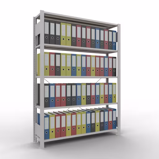 Productafbeelding nr. 11 van het artikel basisplank, kantoorplank, insteeksysteem MULTIplus85, 1800 x 1300 x 300 mm, 5 planken, kruisschoor, met aanslaglijst, lichtgrijs Figuur nr. 11 van het artikel, kantoorrekken, insteeksysteem MULTIplus85, 1800 x 1300 x 300 mm, 5 planken, met stoplijst, lichtgrijs uit de productgroep kantoorrekken van Schulte Lagertechnik.