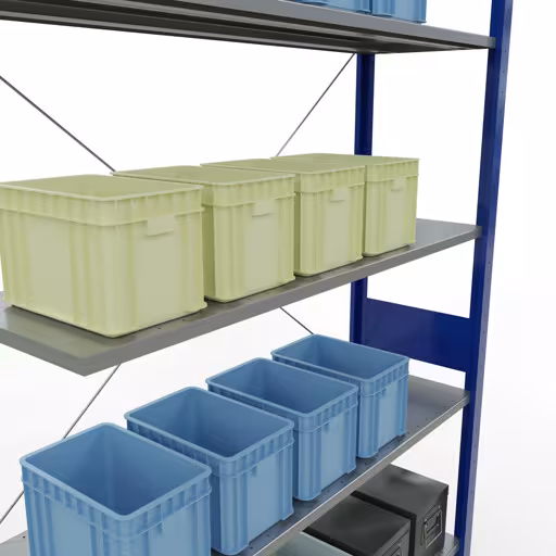 Aanbouwrekken, rekken, insteeksysteem MULTIplus150, 3000 x 1300 x 400 mm (HxBxD), 7 legborden, kruisschoor, RAL 5010 gentiaanblauw/verzinkt met de GTIN 4004514280220 Aanbouwrekken, legbordstellingen, insteeksysteem MULTIplus150, 3000 x 1300 x 400 mm, 7 legborden, RAL 5010 gentiaanblauw/verzinkt van Schulte Lagertechnik met artikelnr. 12747-130-B