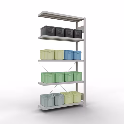 Aanbouwrekken, rekken, insteeksysteem MULTIplus330, 2000 x 1000 x 300 mm, 5 legborden, kruisschoor, RAL 7035 lichtgrijs uit de categorie aanbouwrekken met GTIN 4004514204363 Aanbouwrek, stelling, insteeksysteem MULTIplus330, 2000 x 1000 x 300 mm, 5 legborden, kruisschoor, RAL 7035 lichtgrijs van Schulte Lagertechnik uit het assortiment insteeksysteem