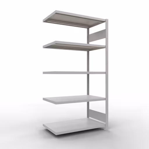 Aanbouwrekken, rekken, insteeksysteem MULTIplus250, 2000 x 1000 x 600 mm (HxBxD), 5 legborden, lengtebalk, RAL 7035 lichtgrijs, aanbouwplank, art.nr. 32865-LR