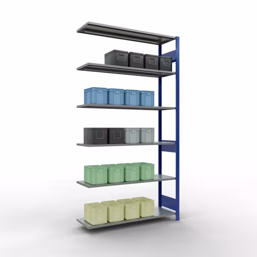 Aanbouwrekken, legborden, insteeksysteem MULTIplus150, 2500 x 1300 x 400 mm (HxBxD), 6 legborden, lengtestangen, RAL 5010 gentiaanblauw/verzinkt met artikelnr. 12746-130-LR-B Aanbouwrekken, rekken, insteeksysteem MULTIplus150, 2500 x 1300 x 400 mm, 6 planken, RAL 5010 gentiaanblauw/verzinkt van Schulte Lagertechnik uit de categorie insteeksystemen