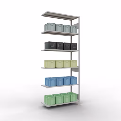 Extra afbeelding van het artikel Aanbouwrekken, legbordstellingen, insteeksysteem MULTIplus150, 2500 x 1000 x 400 mm (HxBxD), 6 legborden, lengtestangen, RAL 7035 lichtgrijs Extra afbeelding van het artikel Aanbouwplank, stellingkast MULTIplus150, 2500 x 1000 x 400 mm, 6 planken, RAL 7035 lichtgrijs van aanbouwplank