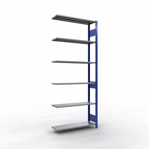 Aanbouwrekken, rekken, insteeksysteem MULTIplus150, 2500 x 1000 x 300 mm (HxBxD), 6 legborden, lengtebalk, RAL 5010 gentiaanblauw/verzinkt, aanbouwplank, art.nr. 12736-LR-B