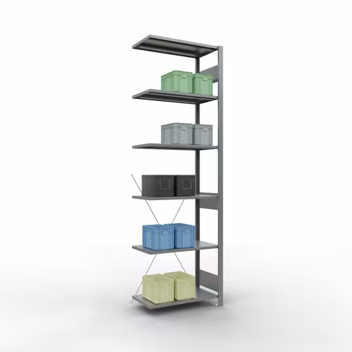 Extra afbeelding bij het artikel Aanbouwrekken, legbordstellingen, insteeksysteem MULTIplus150, 2500 x 750 x 400 mm (HxBxD), 6 legborden, kruisschoor, verzinkt Extra afbeelding van het artikel Aanbouwplank, legplank, insteeksysteem MULTIplus150, 2500 x 750 x 400 mm, 6 legborden, kruisschoor, verzinkt vanaf opzetplank