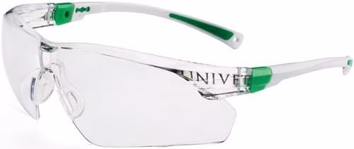 Veiligheidsbril 506 UP EN 166, EN 170, wit/groene pootjes, heldere PC-lens, merk UNIVET Veiligheidsbril 506 UP EN 166, EN 170, transparant polycarbonaat, UNIVET, uit de categorie veiligheidsbrillen met artikelnummer 4000370024