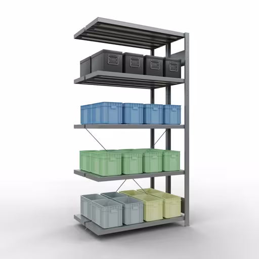 Aanbouwstelling, dubbele stelling, stellingsysteem MULTIplus250, 2000 x 1000 x (2x300) mm, 2x5 legborden, kruisschoor, verzinkt uit de categorie dubbele stelling met de GTIN 4004514286055 Aanbouwrekken, dubbele rekken, rekkensysteem MULTIplus250, 2000 x 1000 x (2x300) mm, 2x5 planken, kruisschoor, verzinkt van het merk Schulte Lagertechnik uit het rekkenassortiment