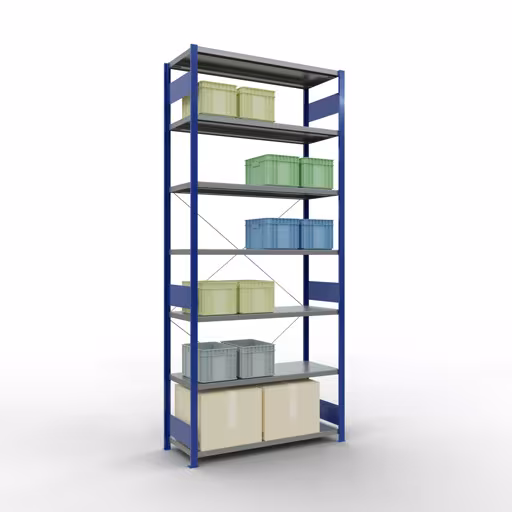 Basisplank, legplank, insteeksysteem MULTIplus250, 3000x1300x500 mm (HxBxD), 7 legborden, kruisschoor, RAL 5010 gentiaanblauw/verzinkt uit de categorie basisplanken met de GTIN 4004514283146 Basisplank, legbord, insteeksysteem MULTIplus250, 3000 x 1300 x 500 mm, 7 legborden, kruisschoor, RAL 5010 gentiaanblauw/verzinkt van Schulte Lagertechnik uit het assortiment insteeksysteem