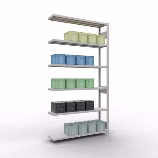 Figuur nr. 13 van het artikel aanbouwrekken, legbordstellingen, insteeksysteem MULTIplus250, 2500 x 1300 x 300 mm, 6 legborden, lengtestangen, RAL 7035 lichtgrijs uit de insteeksysteem productgroep van Schulte Lagertechnik.
