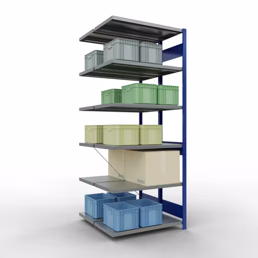 Figuur nr. 14 van het artikel aanbouwplank, dubbele plank, stellingsysteem MULTIplus250, 2500 x 1000 x (2x500) mm, 2x6 planken, kruisschoor, RAL 5010 gentiaanblauw uit de productgroep stellingrekken van Schulte Lagertechnik.