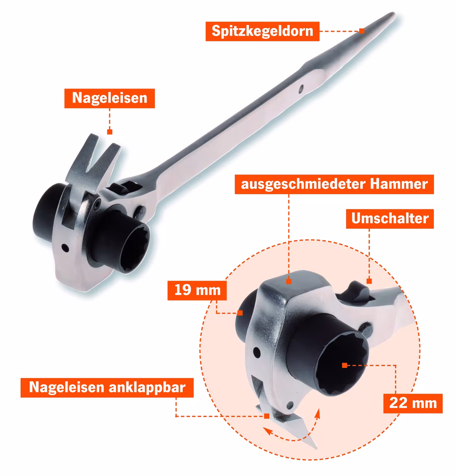 Een andere weergave van het artikel Steigersleutel 19 x 22 mm, met hamer- en spijkerijzerfunctie uit de categorie werkplaatsinrichting
