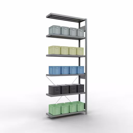 Aanbouwrekken, rekken, insteeksysteem MULTIplus250, 2500 x 1000 x 300 mm, 6 legborden, kruisschoor, verzinkt van Schulte Lagertechnik uit het assortiment insteeksysteem
