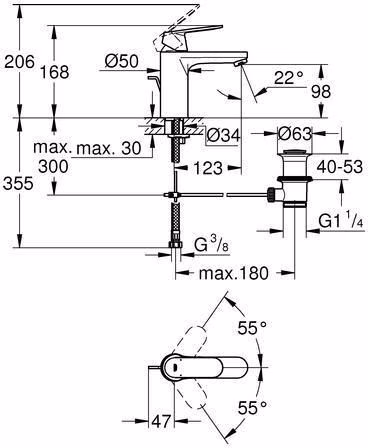 Technische Zeichnung 4050350 GROHE monoknop wastafelmengkraan Eurosmart C 23325 medium hoge afvoer chroom