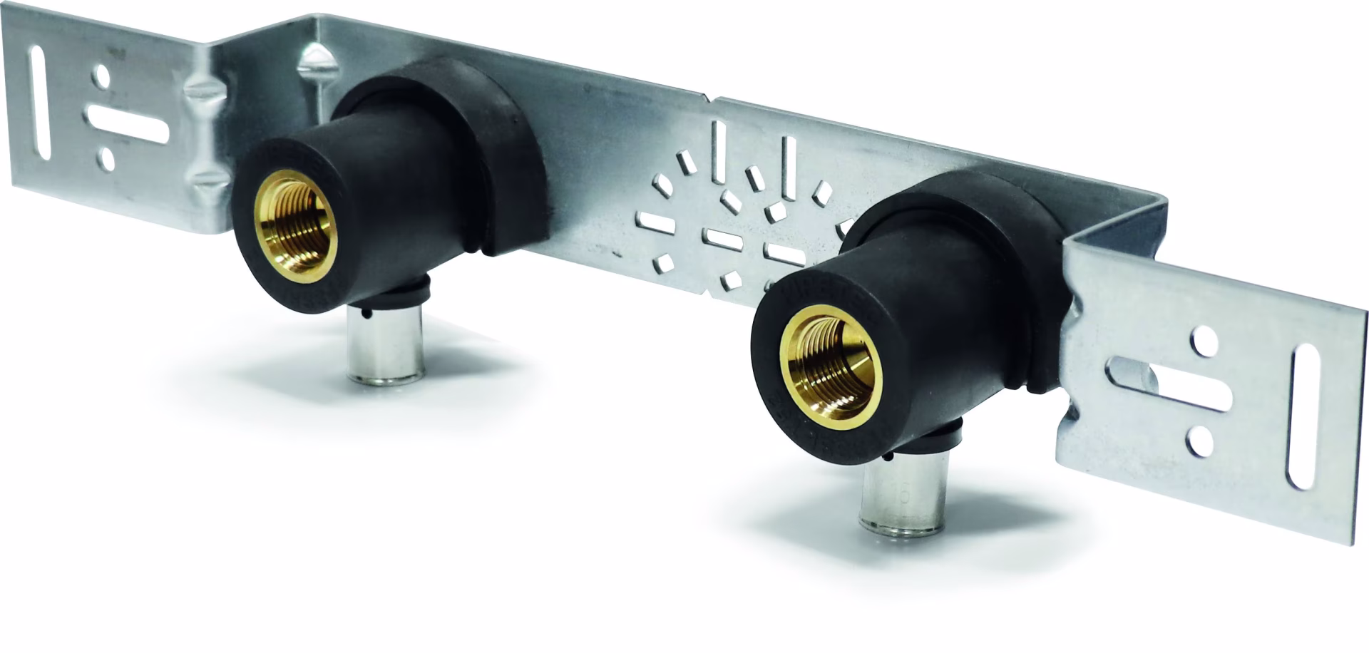 Pipetec persfitting wandbeugelset met montageplaat en geluidsisolatieset uit de categorie persfittingen messing met het artikelnummer PFWWSETGU2052SS