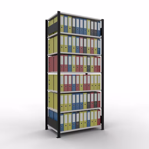 Productafbeelding nr. 12 van het artikel basisplank, kantoorplank, insteeksysteem MULTIplus150, 2300 x 1000 x 600 mm, 7 planken, lengtestangen, zonder middenaanslag, zwart/lichtgrijs Figuur nr. 12 van het artikel, kantoorrekken, insteeksysteem MULTIplus150, 2300 x 1000 x 600 mm, 7 planken, zonder middenaanslag, zwart/lichtgrijs uit de productgroep kantoorrekken van Schulte Lagertechnik.